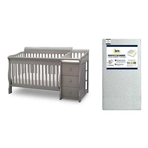 Delta Children Princeton Junction Convertible Crib N Changer, Grey + Serta Perfect Slumber Dual Sided Recycled Fiber Core Crib and Toddler Mattress (Bundle)