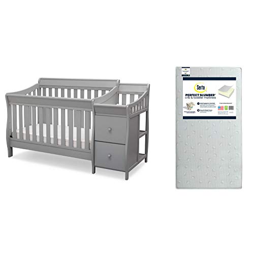 Delta Children Bentley S Convertible Crib N Changer, Grey + Serta Perfect Slumber Dual Sided Recycled Fiber Core Crib and Toddler Mattress (Bundle)