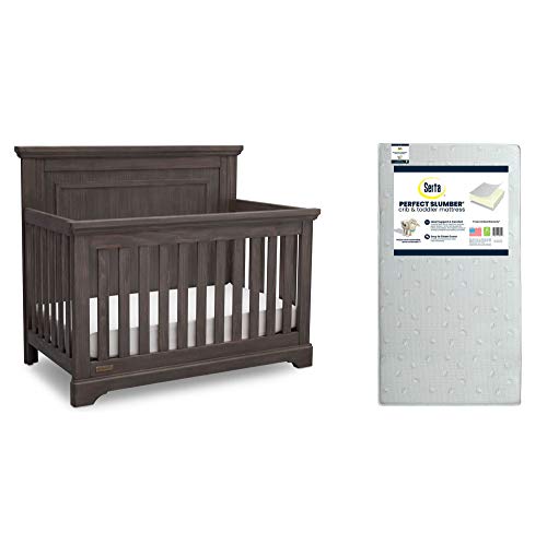 Simmons Kids SlumberTime Paloma 4-in-1 Convertible Crib, Rustic Grey + Serta Perfect Slumber Dual Sided Recycled Fiber Core Crib and Toddler Mattress (Bundle)