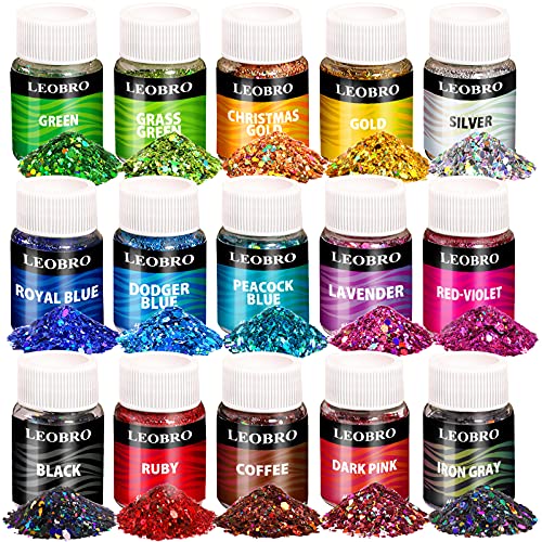 Holographic Chunky Glitter, 15 Colors Craft Glitter for Resin, LEOBRO Nail Glitter, Festival Cosmetic Eye Hair Face Body Glitter, Glitter Flakes Sequins for Epoxy Resin Tumbler DIY Arts Crafts