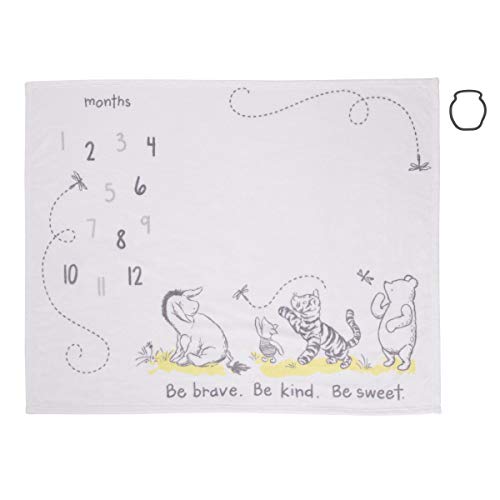 Disney Classic Winnie The Pooh, White, Grey & Lime Super Soft Milestone Baby Blanket, White, Grey, Lime, Charcoal