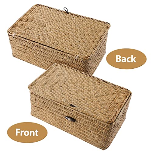 IMIKEYA Handwoven Seagrass Storage Bins, 9X5X3 Inch Basket with Lid Lightweight Storage Box for Nursery Hampers Home Shelves Bathroom Organizer Bins