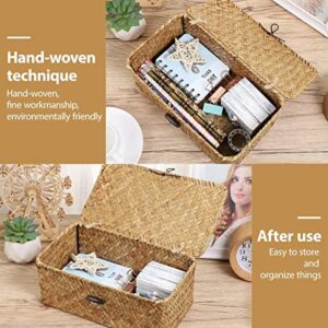 IMIKEYA Handwoven Seagrass Storage Bins, 9X5X3 Inch Basket with Lid Lightweight Storage Box for Nursery Hampers Home Shelves Bathroom Organizer Bins