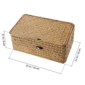 IMIKEYA Handwoven Seagrass Storage Bins, 9X5X3 Inch Basket with Lid Lightweight Storage Box for Nursery Hampers Home Shelves Bathroom Organizer Bins