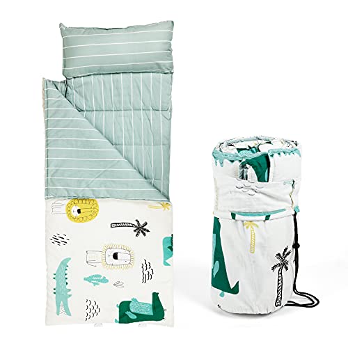 NEDVI Toddler Nap Mat with Carry Bag,Sleeping Bag with Removable Pillow,Measure 55x 21 x 1.5 Inches,Toddler Travel Bed,Lightweight - Cotton Soft,for Preschool, Daycare, Camping- Crocodile