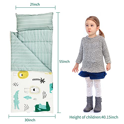 NEDVI Toddler Nap Mat with Carry Bag,Sleeping Bag with Removable Pillow,Measure 55x 21 x 1.5 Inches,Toddler Travel Bed,Lightweight - Cotton Soft,for Preschool, Daycare, Camping- Crocodile