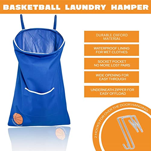 Over the Door Laundry Hamper- Basketball Laundry Hamper for Kids Room - Fun Kids Laundry Hamper with Sock Compartment For Basketball Hamper For Boys Room - Kids Hamper