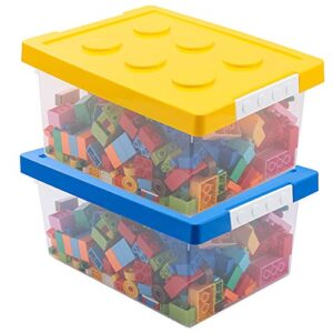 LUCKY-GO Toy Storage Organizer Bins with Lid - Stackable Plastic Organizer Box Set of 2, Kids Toy Chests with Compatible Building Baseplate and Lid, Storage Container for Building Bricks & Toys