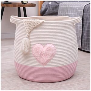 childishness ndup large cotton rope basket, woven storage basket for toy, laundry and blanket organizer basket, round hamper basket with handles for kid's room 17.7"x16.9" (pink heart)