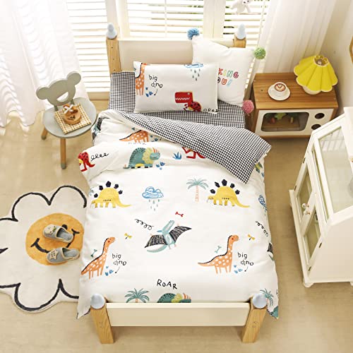 J-pinno Dinosaur Plaid Boys Girls Cartoon Duvet Cover + Pillowcase Set, Zipper Closure, 100% Cotton, for Kids Crib Toddler Bedding Decoration Gift (Dinosaur 2, Crib 47" X 59")