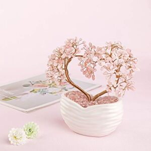 Jovivi Rose Quartz Crystal Heart Money Tree Healing Gemstone Bonsai Ornament for Wedding Ceremony Reiki Balancing Energy Meditation Feng Shui Wealth & Good Luck Home Indoor Office Decor 7.87"-8.26"