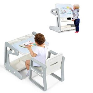 costzon 2 in 1 kids table & chair, art easel w/adjustable magnetic painting board, storage space, art supply accessory, children convertible activity table set for drawing reading art playroom (gray)