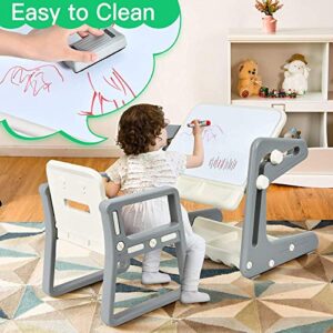 Costzon 2 in 1 Kids Table & Chair, Art Easel w/Adjustable Magnetic Painting Board, Storage Space, Art Supply Accessory, Children Convertible Activity Table Set for Drawing Reading Art Playroom (Gray)