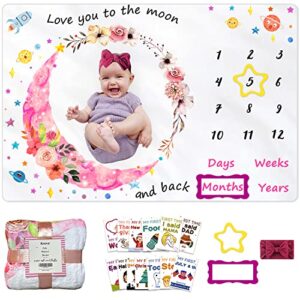 kmivo milestone blanket for baby girl, baby monthly photo blankets soft large memory blanket with headband & milestone cards for newborn baby shower, 60” x 40”