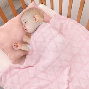 bertte plush baby blanket for boys girls | swaddle receiving blankets super soft warm lightweight breathable for infant toddler crib stroller - 33"x43" large, pink hearts embossed