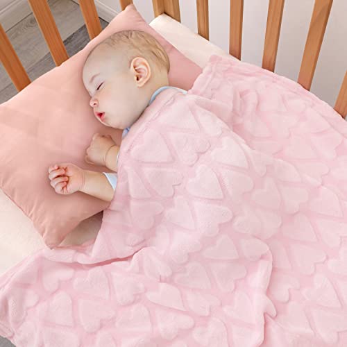 Bertte Plush Baby Blanket for Boys Girls | Swaddle Receiving Blankets Super Soft Warm Lightweight Breathable for Infant Toddler Crib Stroller - 33"x43" Large, Pink Hearts Embossed