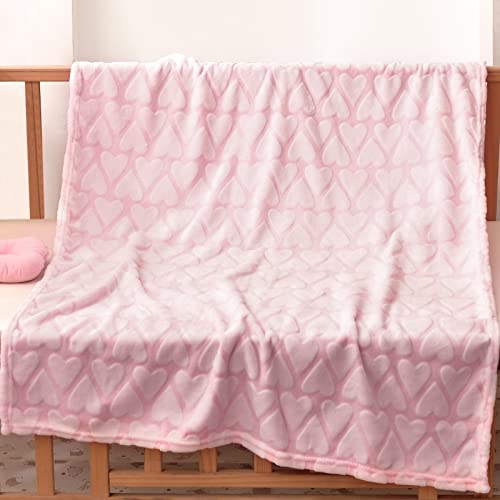 Bertte Plush Baby Blanket for Boys Girls | Swaddle Receiving Blankets Super Soft Warm Lightweight Breathable for Infant Toddler Crib Stroller - 33"x43" Large, Pink Hearts Embossed