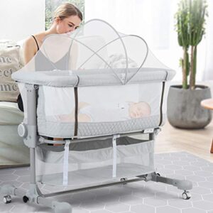 beiens baby bassinet 3 in 1, baby crib bedside sleeper with detachable mosquito net, 6 height adjustable easy folding bedside bassinet portable nursery bed for infant, newborn, baby boys & girls