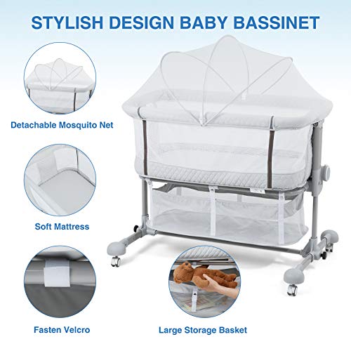 beiens Baby Bassinet 3 in 1, Baby Crib Bedside Sleeper with Detachable Mosquito Net, 6 Height Adjustable Easy Folding Bedside Bassinet Portable Nursery Bed for Infant, Newborn, Baby Boys & Girls