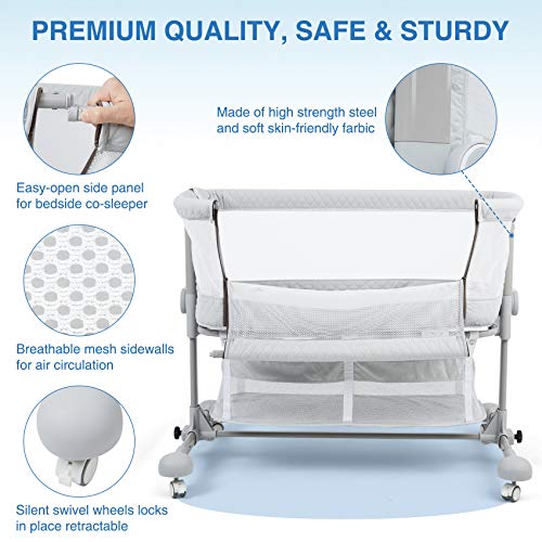 beiens Baby Bassinet 3 in 1, Baby Crib Bedside Sleeper with Detachable Mosquito Net, 6 Height Adjustable Easy Folding Bedside Bassinet Portable Nursery Bed for Infant, Newborn, Baby Boys & Girls