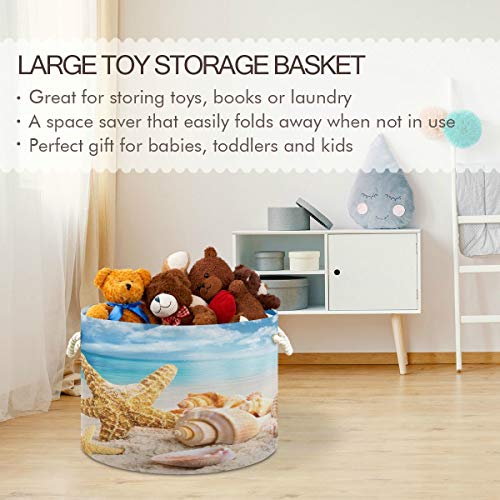 SUABO Large Storage Basket, Starfish and Seashells On The Beach Laundry Hamper Collapsible Nursery Hamper Bin with Handle, Baby Laundry Baskets for Blanket Toys Clothes Towels, 20X 20X 14 inches