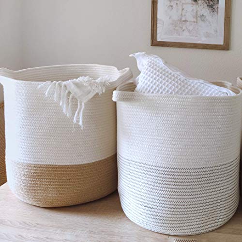 Large Woven Storage Baskets (Set of 2) Decorative Blanket Basket for Living Room, Toys, Pillows, Nursery or Towels. Laundry Hamper. Baskets for Organizing. Cotton Rope Baskets