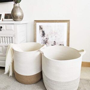 Large Woven Storage Baskets (Set of 2) Decorative Blanket Basket for Living Room, Toys, Pillows, Nursery or Towels. Laundry Hamper. Baskets for Organizing. Cotton Rope Baskets