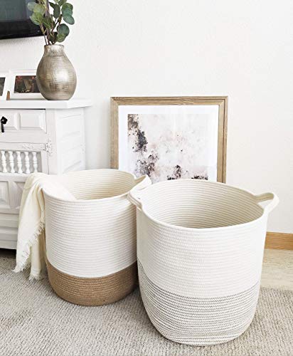 Large Woven Storage Baskets (Set of 2) Decorative Blanket Basket for Living Room, Toys, Pillows, Nursery or Towels. Laundry Hamper. Baskets for Organizing. Cotton Rope Baskets