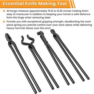 Knife Making Tongs Set Blacksmith Bladesmith Knife Tong Anvil Vise Forge Includes V-Bit Tongs Wolf Jaw Tongs Flat Tongs Blade Tongs (4 Tongs)