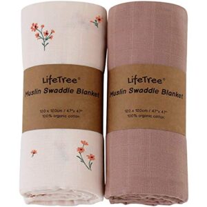 LifeTree Baby Girl Swaddle Blankets, Muslin Swaddling Wrap Neutral Receiving Blanket for Newborn, 100% Organic Cotton, Large 47 x 47 inches, Solid Color/Flower Print