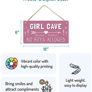 Girl Cave Sign, Girls Room Decorations for Bedroom, 12″x6″ PVC Plastic Decoration Hanging Sign, High Precision Printing, Water Proof, Kids Room Signs for Door, No Boys Allowed Sign, Room Decor …