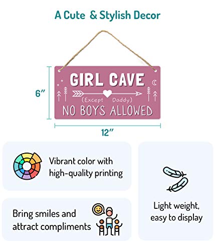 Girl Cave Sign, Girls Room Decorations for Bedroom, 12″x6″ PVC Plastic Decoration Hanging Sign, High Precision Printing, Water Proof, Kids Room Signs for Door, No Boys Allowed Sign, Room Decor …