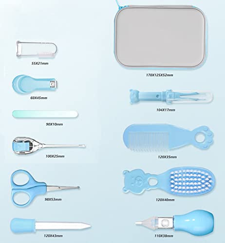 Baby Grooming Kit, Portable Baby Safety Care Set with Hair Brush Comb Nail Clipper Nasal Aspirator etc for Nursery Newborn Toddlers Infant Girl Boys Keep Clean (11 in 1 Blue)