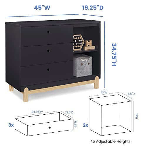 Delta Children Poppy 3 Drawer Dresser with Cubbies, Midnight Grey/Natural