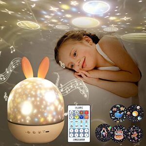 Night Light for Kids,Rotating Starry Night Light Projector with Remote Control,6 Films,USB Rechargeable,Soothe Musics,Bedside Lamp Nursery Light for Baby,Boys,Girls Birthday,Christmas Gift (White)