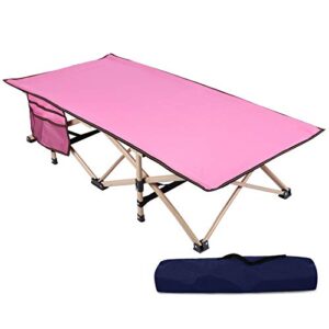 redcamp folding kids cot for sleeping 5-10, portable toddler cot bed child travel cot for camping, pink 53''x26''