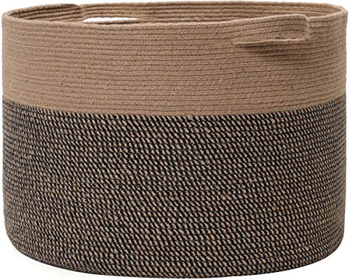 24" x 24" x 17" Max Size Large Cotton Rope Basket, Extra Large Storage Basket, Woven Laundry Hamper, Toy Storage Bin, for Blankets Clothes Toys Pillows in Living Room, Baby Nursery, Jute/Black Mix