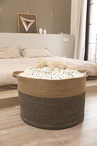 24" x 24" x 17" Max Size Large Cotton Rope Basket, Extra Large Storage Basket, Woven Laundry Hamper, Toy Storage Bin, for Blankets Clothes Toys Pillows in Living Room, Baby Nursery, Jute/Black Mix