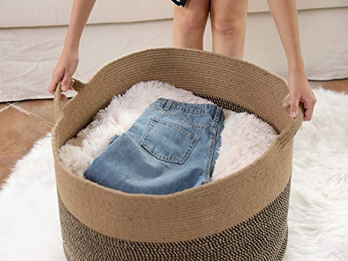 24" x 24" x 17" Max Size Large Cotton Rope Basket, Extra Large Storage Basket, Woven Laundry Hamper, Toy Storage Bin, for Blankets Clothes Toys Pillows in Living Room, Baby Nursery, Jute/Black Mix