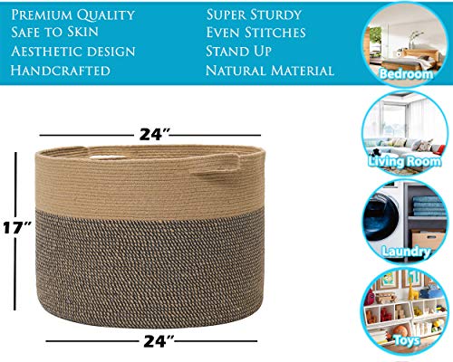 24" x 24" x 17" Max Size Large Cotton Rope Basket, Extra Large Storage Basket, Woven Laundry Hamper, Toy Storage Bin, for Blankets Clothes Toys Pillows in Living Room, Baby Nursery, Jute/Black Mix