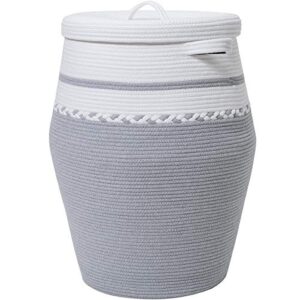 26" x 20" tall extra large storage basket with lid, cotton rope storage baskets, woven laundry hamper with cover, toy storage bin, for toys blanket in living room, baby nursery, white/grey