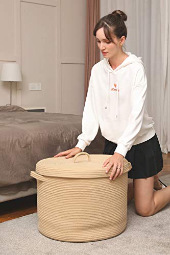 20" x 20" x 15" Extra Large Storage Basket with Lid, Cotton Rope Storage Baskets, Laundry Hamper, Toy Bin, for Toys Blankets Pillows Storage in Living Room Baby Nursery, Basket with Cover, All Beige