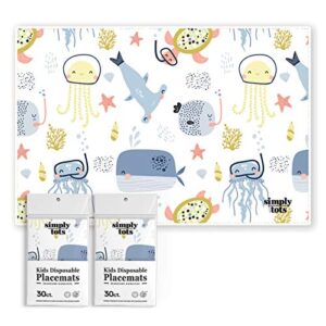 stick-on disposable placemats for baby and kids - 60 pack with cute print - 12"x18" strong adhesive toddler placemats - easy clean up & germ free - for restaurants, home, or travel | simply tots brand