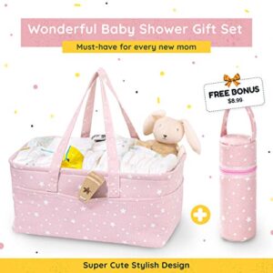 StarHug Baby Diaper Caddy Organizer - Baby Shower Basket | Large Nursery Storage Bin for Changing Table | Car Travel Tote Bag | Newborn Registry Must Have | Bonus Bottle Cooler | Pink