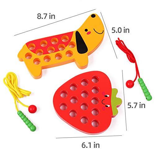 GEMEM Wooden Lacing Threading Toys Fine Motor Skill Toys for 3 Year Old Educational and Learning Montessori Toddler Travel Toy 1 Strawberry and 1 Dog