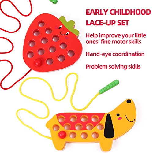 GEMEM Wooden Lacing Threading Toys Fine Motor Skill Toys for 3 Year Old Educational and Learning Montessori Toddler Travel Toy 1 Strawberry and 1 Dog