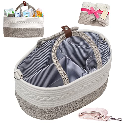 BIBSYBABY Diaper Caddy Baby Basket - 100% Cotton Rope Diaper Basket with 2 Pockets, Handle Locker and Removable Shoulder Strap - Baby Shower Bag & Baby Registry Must Haves, Brown