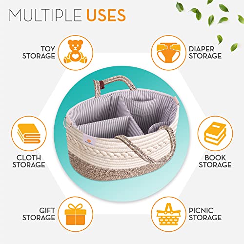 BIBSYBABY Diaper Caddy Baby Basket - 100% Cotton Rope Diaper Basket with 2 Pockets, Handle Locker and Removable Shoulder Strap - Baby Shower Bag & Baby Registry Must Haves, Brown