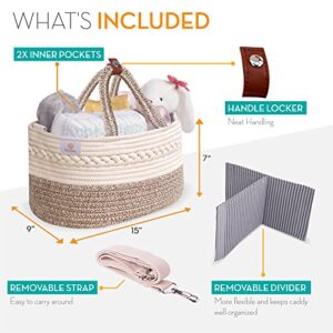 BIBSYBABY Diaper Caddy Baby Basket - 100% Cotton Rope Diaper Basket with 2 Pockets, Handle Locker and Removable Shoulder Strap - Baby Shower Bag & Baby Registry Must Haves, Brown