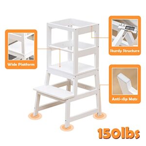 Kitchen Step Stool for Toddlers with Non-Slip Mat, WOOD CITY Wooden Kids Montessori Learning Stool Tower, Toddler Standing Tower Helper for Kitchen Counter and Bathroom Sink(White)